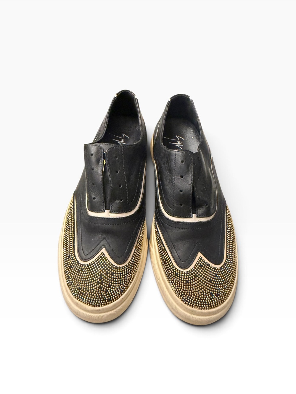 Giuseppe Zanotti Black Leather Slip-Ons with Gold Stud Toe,pre-owned, SZ5.5